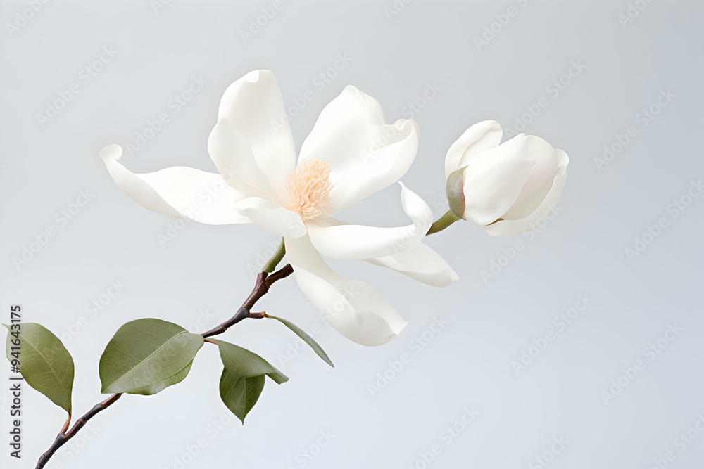 Fototapeta premium Exquisite White Magnolia Blossom with Soft Petals and Delicate Leaves on a Subtle Grey Background
