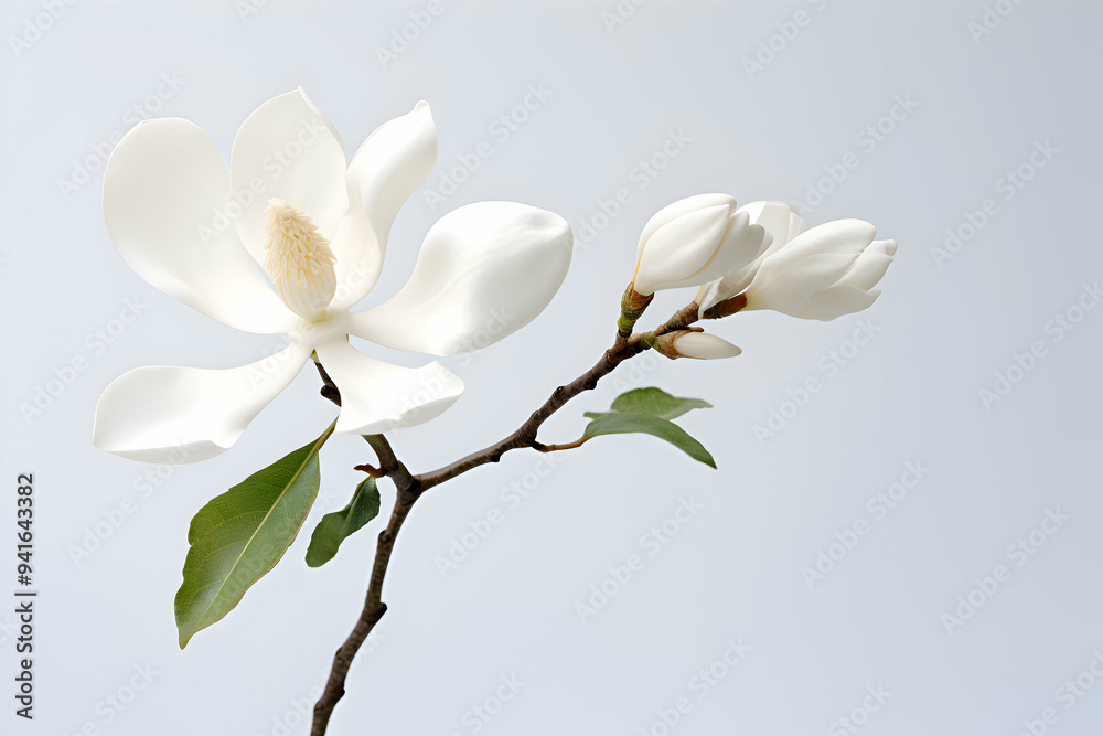Obraz premium Exquisite White Magnolia Blossom with Soft Petals and Delicate Leaves on a Subtle Grey Background