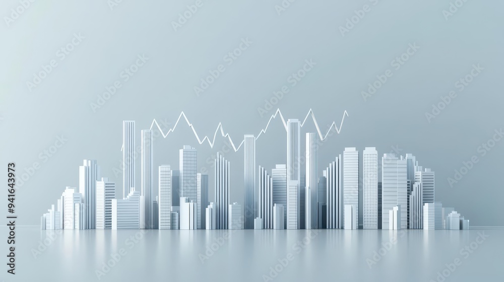 A city skyline where the buildings are shaped like bar graphs, with some bars soaring high and others deflating, representing the volatility in real estate values A city skyline where the buildings are shaped like bar graphs, with some bars soaring high and others deflating, representing the volatility in real estate values