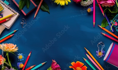 Dark blue background framed by an assortment of vibrant pencils, flowers, and stationery. photo