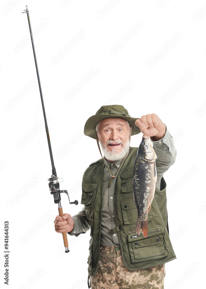 Fisherman with rod and catch on white background Fisherman with rod and catch on white background