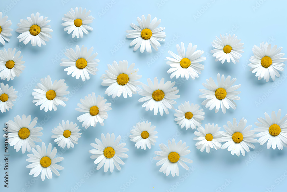 Scattered White Daisies with Yellow Centers on a Bright Blue Background: A Cheerful Floral Pattern