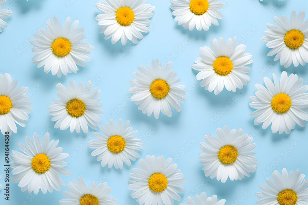 Scattered White Daisies with Yellow Centers on a Bright Blue Background: A Cheerful Floral Pattern