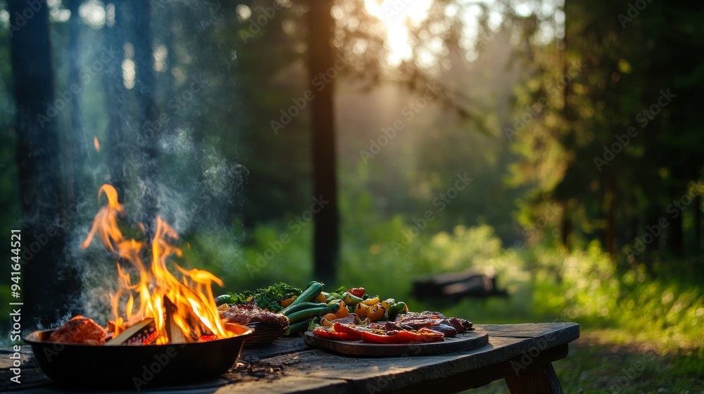 A crackling campfire burns in the heart of a lush forest, casting warm light on a picnic table laden with grilled food, symbolizing wilderness, connection, nature, nourishment, and relaxation. A crackling campfire burns in the heart of a lush forest, casting warm light on a picnic table laden with grilled food, symbolizing wilderness, connection, nature, nourishment, and relaxation.