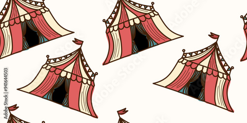 Colorful Doodle Circus tent with flag seamless pattern editable stroke. Vector hand drawn illustration in brown, yellow, red, blue color. Isolated on beige background. One from carnival collection	