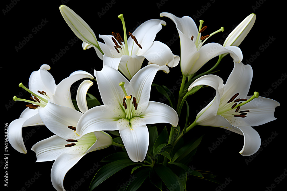 Elegant White Lilies in Full Bloom with Dark Green Leaves Against a Dramatic Black Background Elegant White Lilies in Full Bloom with Dark Green Leaves Against a Dramatic Black Background