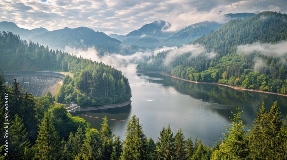 Obraz premium a river surrounded by trees and mountains