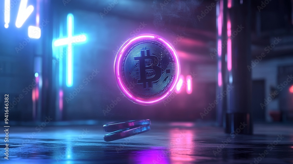 Obraz premium A digital of a Bitcoin cryptocurrency coin falling through a neon-lit cityscape. The coin is surrounded by glowing lights, symbolizing the volatility and uncertainty of the cryptocurrency market. Thi