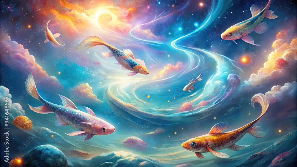 Dreamy Celestial Swim: Pastel swirls, ethereal glow, koi soaring through ethereal space. Dreamy Celestial Swim: Pastel swirls, ethereal glow, koi soaring through ethereal space.