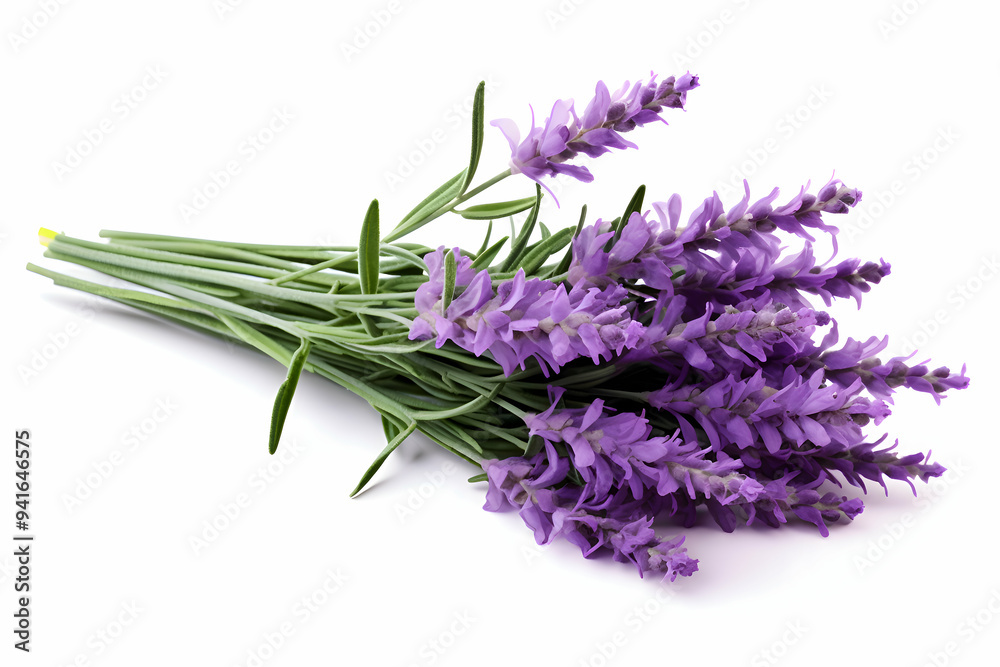 Fototapeta premium Fresh Lavender Sprigs with Vibrant Purple Blooms and Green Stems on a White Background