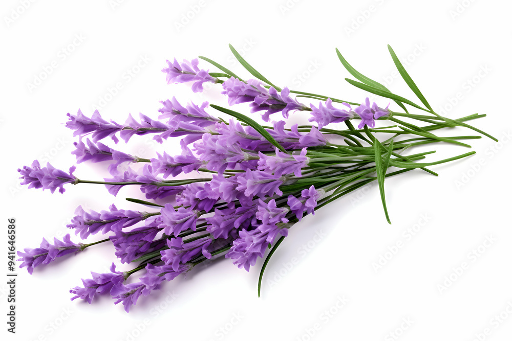 Naklejka premium Fresh Lavender Sprigs with Vibrant Purple Blooms and Green Stems on a White Background