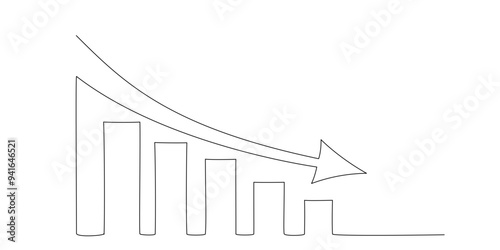 Chart graph with down arrow in continuous single line style. Concept of business decline, down growth. Bar chart one line. Business financial sales market growth. Growing graph editable stroke vector