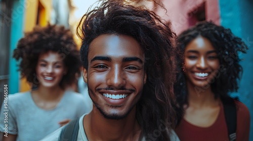 Smiling young Black man with two women in a colorful urban setting.