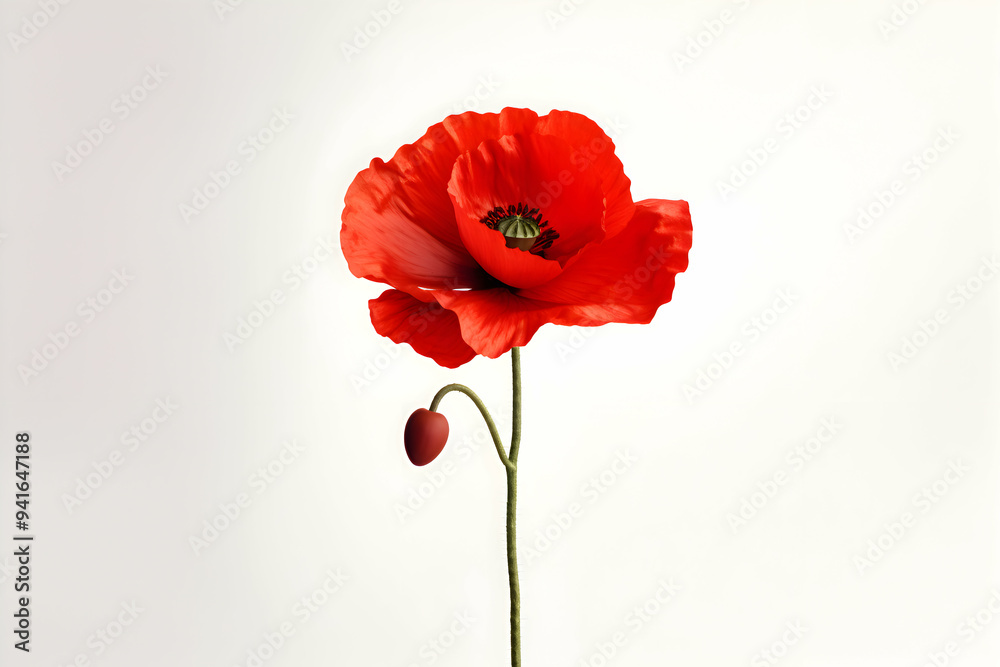 Obraz premium Striking Red Poppy Flower with a Single Bud on a Minimalist White Background