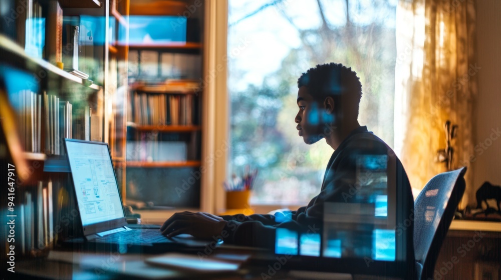 Obraz premium Young student working diligently at a laptop in a bright home study during daytime