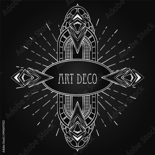 Art Deco vintage silver design element over black. Retro party geometric background set 1920s style. Vector illustration for glamour party, thematic wedding or textile prints.