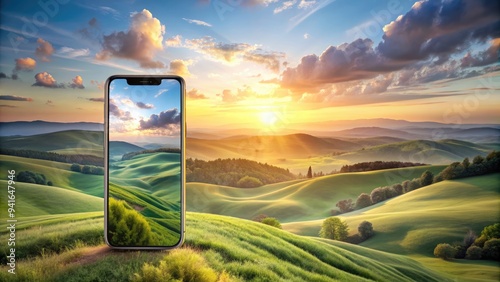 Dreamy Pastel Landscape: Pastel hues, rolling hills, and a smartphone with a calming video call in the foreground, evoking a sense of tranquility and serenity. photo