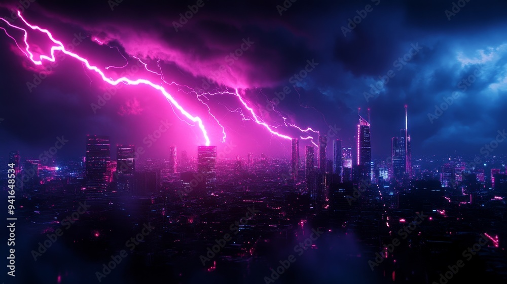 Fototapeta premium A futuristic cityscape bathed in neon lights is illuminated by a powerful lightning strike, symbolizing progress, technology, and the unpredictable forces of nature.