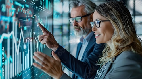 Financial Advisor Presenting Growth Charts to Smiling Client in Futuristic Office Setting