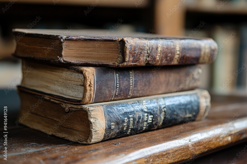 Three antique books with worn covers stacked on a wooden surface, symbolizing knowledge, history, and literature. The texture of the aged spines is visible. Three antique books with worn covers stacked on a wooden surface, symbolizing knowledge, history, and literature. The texture of the aged spines is visible.