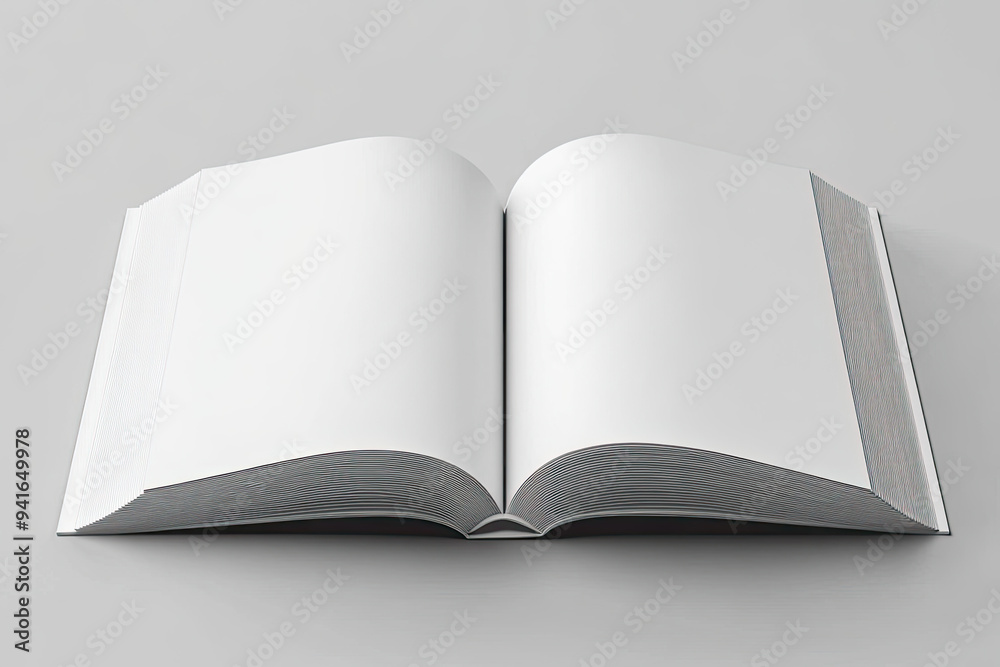 A photorealistic mockup of an open book with blank pages on the right, set against a simple gray background. The focus is sharp and clear. Created with Ai A photorealistic mockup of an open book with blank pages on the right, set against a simple gray background. The focus is sharp and clear. Created with Ai