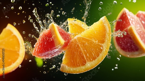 Juicy citrus fruits, mid-slice with juice droplets spraying, vibrant colors, 3D illustration