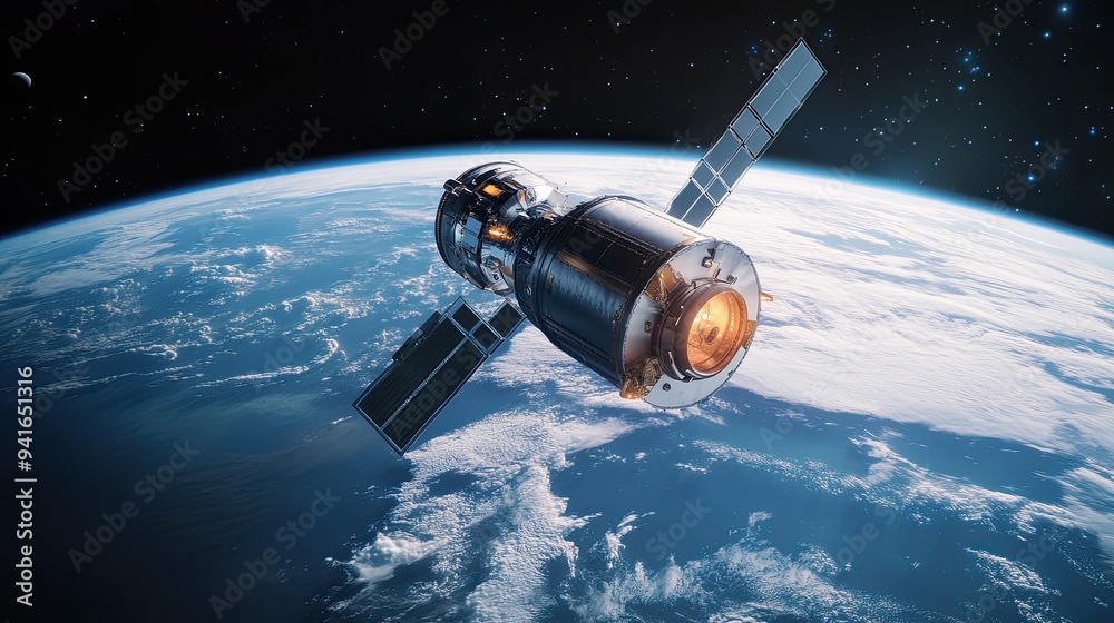 Obraz premium A 3D rendering of a space satellite orbiting Earth, with the planet surface visible below,