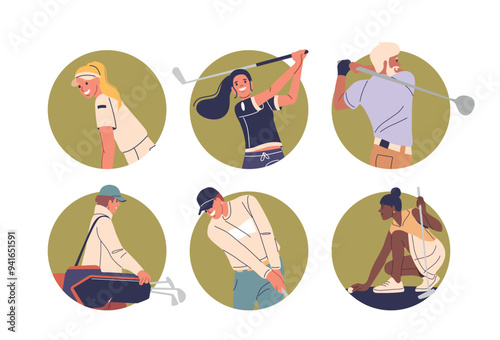 Isolated Vector Round Icons Or Avatars With Cartoon Golfers Characters Engaged In Different Golf Activities