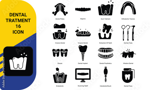 Treatment and care of teeth in dentistry, line icon set in vector, illustration of orthodontic trainers and endodontics, crowns and teeth whitening, extraction and dentist tools.