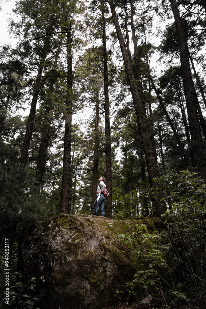 Woman contemplating nature on a forest hike Woman contemplating nature on a forest hike