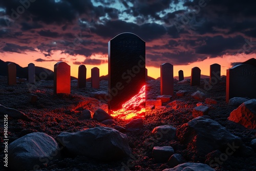 A psychedelic landscape with gravestones that morph into bizarre, red-tinted shapes and forms photo