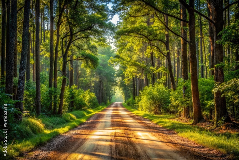 Obraz premium Earthy Forest Trail: Serene, Rustic, Unpaved Dirt Road, Lush Greenery, Natural Shadows