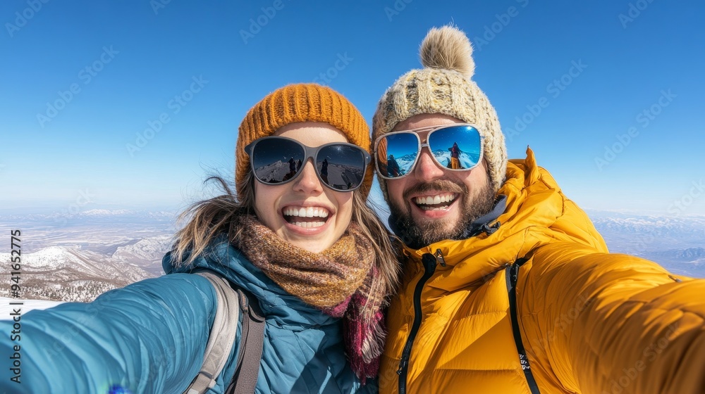 A joyful couple captures a selfie atop a mountain, showcasing love, adventure, nature, happiness, and breathtaking views.