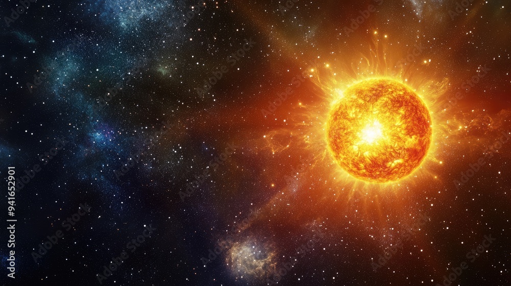 Obraz premium A brilliant sun stands out against a backdrop of stars in the dark sky, creating a striking image of light and darkness in the solar system.