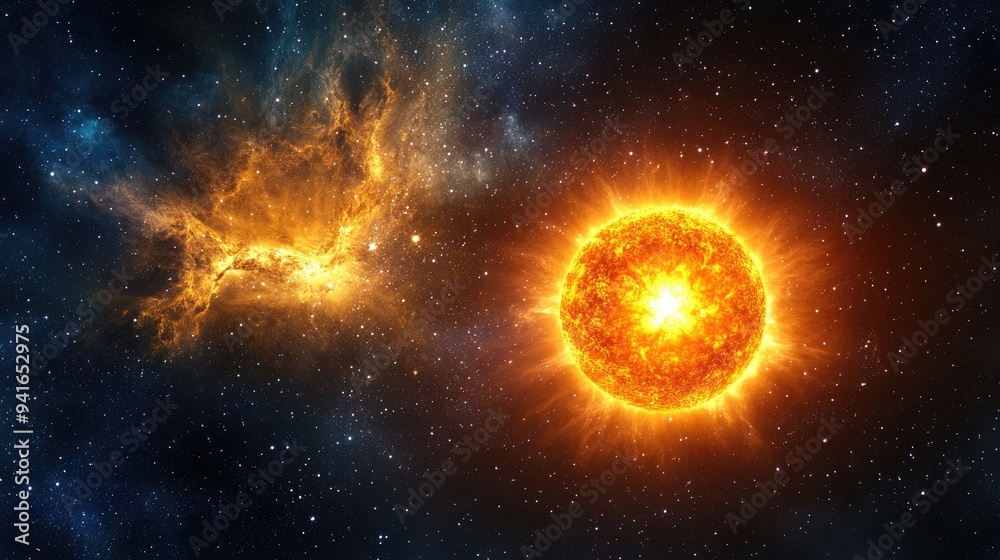 Obraz premium A brilliant sun stands out against a backdrop of stars in the dark sky, creating a striking image of light and darkness in the solar system.