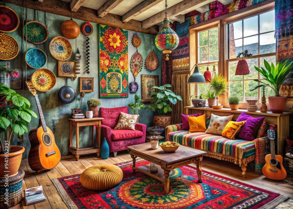 Eclectic Bohemian: Mismatched textiles, vibrant colors, ethnic patterns, quirky decorations, world music Eclectic Bohemian: Mismatched textiles, vibrant colors, ethnic patterns, quirky decorations, world music