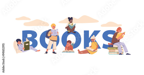 Books Concept with Children Characters Enjoy Reading In Various Relaxed Positions. Cartoon Vector Poster, Banner
