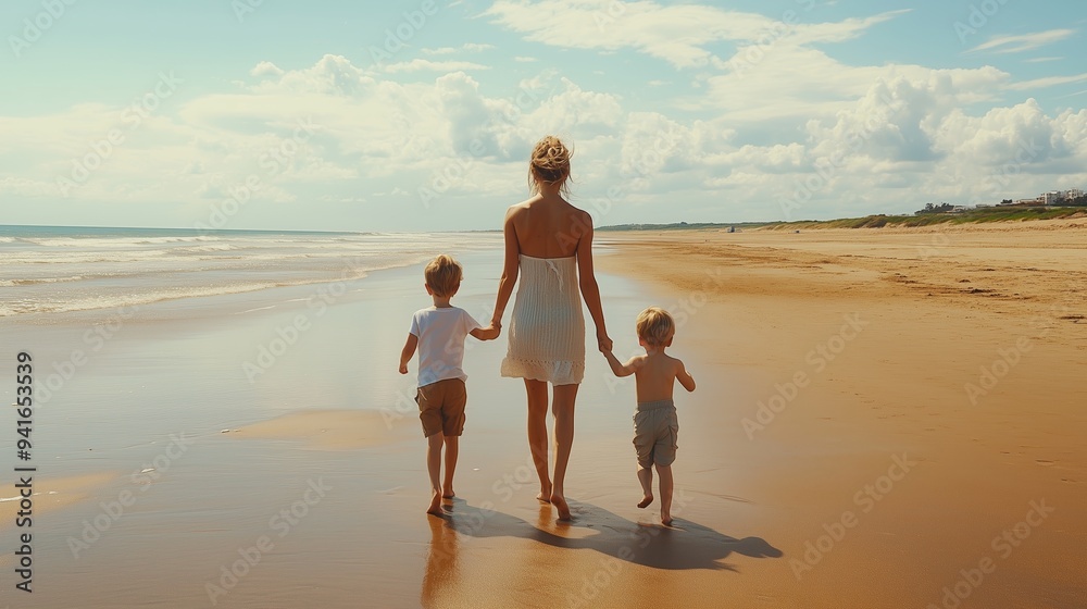 A woman and her two children walk hand in hand along a sandy beach under a bright sky during a sunny afternoon A woman and her two children walk hand in hand along a sandy beach under a bright sky during a sunny afternoon