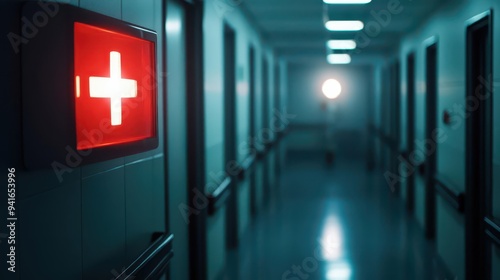 A dark hospital hallway with an unfocused emergency sign glowing in the background