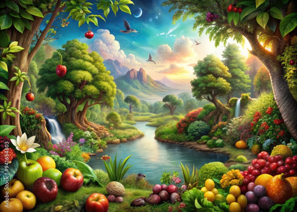 Edenic Creation: Lush greenery, vibrant fauna, Eden-like landscape, forbidden fruit, idyllic serenity Edenic Creation: Lush greenery, vibrant fauna, Eden-like landscape, forbidden fruit, idyllic serenity