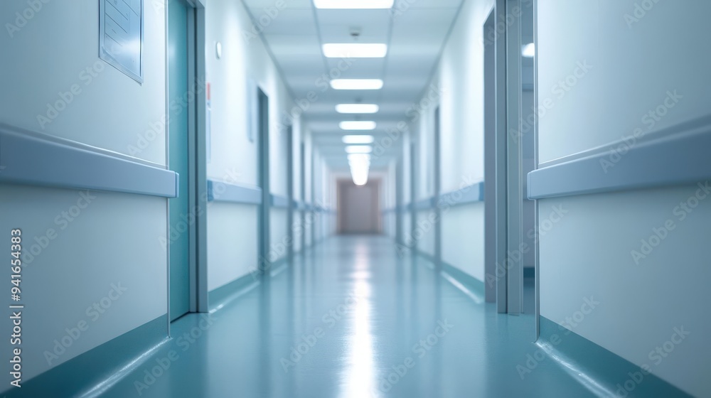 A hospital corridor with a distant, unfocused light at the end, night setting A hospital corridor with a distant, unfocused light at the end, night setting