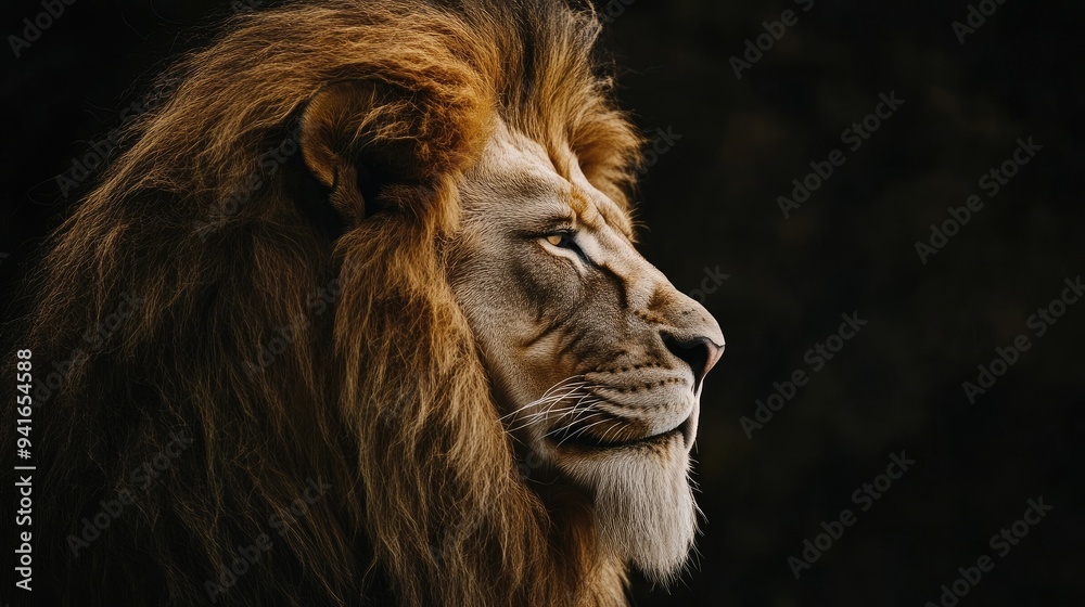 Fototapeta premium A lion with a majestic mane morphs into the face of Jesus Christ, blending strength and serenity. The image exudes spiritual power and gentle compassion.