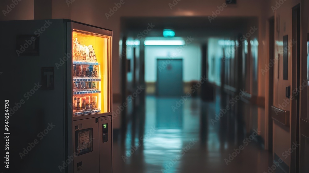A nighttime clinic hallway with the soft glow of a vending machine, background out of focus A nighttime clinic hallway with the soft glow of a vending machine, background out of focus