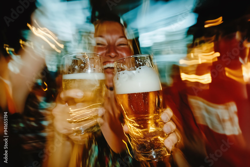 Happy smiling woman holding beer glass in hands, photo taken with motion blur effect. Oktoberfest, beer festival, party. photo