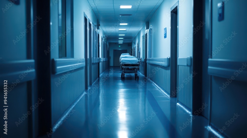 A nighttime hospital corridor with an unfocused stretcher in the background A nighttime hospital corridor with an unfocused stretcher in the background
