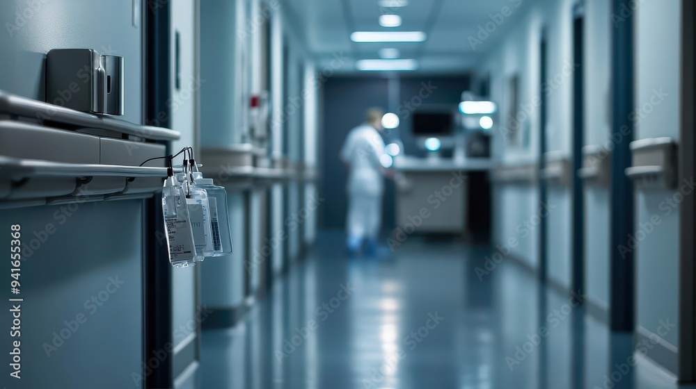 Fototapeta premium A nighttime hospital hallway with an unfocused nurse s station in the background