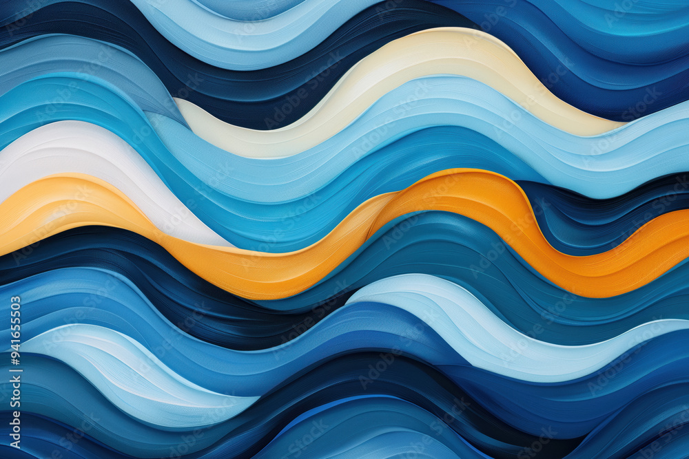 Abstract wave pattern in shades of blue, white, and orange, evoking the fluidity and movement of ocean waves. The dynamic design suggests a coastal, nautical theme. Abstract wave pattern in shades of blue, white, and orange, evoking the fluidity and movement of ocean waves. The dynamic design suggests a coastal, nautical theme.