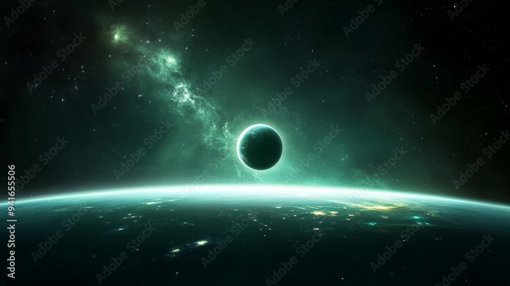 A mesmerizing cosmic vista showcasing a vibrant green nebula, a solitary planet, and a distant world's horizon, symbolizing exploration, wonder, the vastness of space, mystery, and the beauty of the A mesmerizing cosmic vista showcasing a vibrant green nebula, a solitary planet, and a distant world's horizon, symbolizing exploration, wonder, the vastness of space, mystery, and the beauty of the