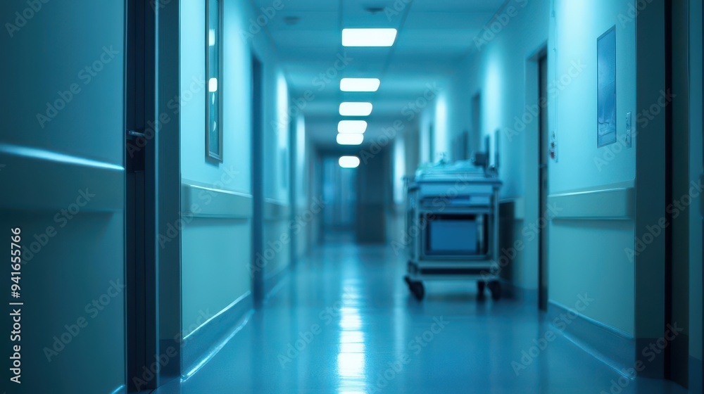 Fototapeta premium A quiet hospital corridor at night, with an unfocused medical cart in the background