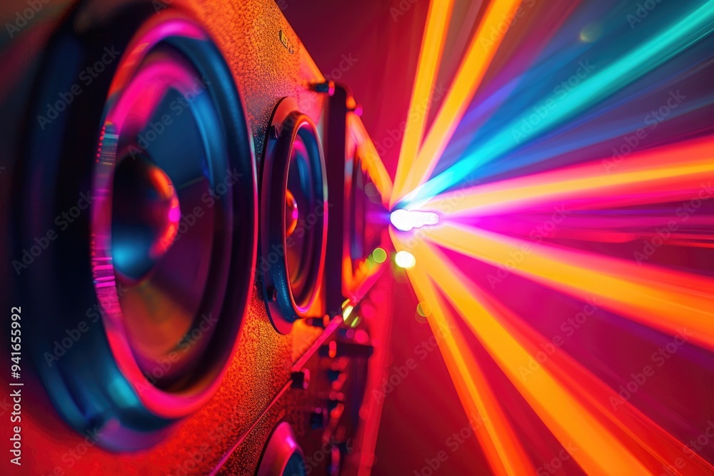 Obraz premium A close-up shot of a speaker with colorful lights in the background, perfect for use in presentations, events or music-related contexts